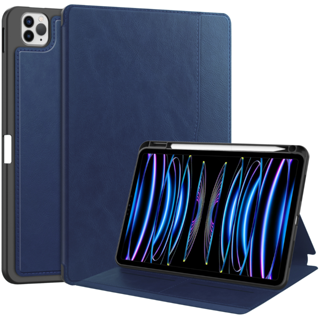 Case2go - Tablet hoes geschikt voor Apple iPad Pro 11 (2018/2022) /Air 4/5 (2020/2022) - Business Wallet Book Case met Pencilhouder - Auto Wake/Sleep functie - Donker Blauw