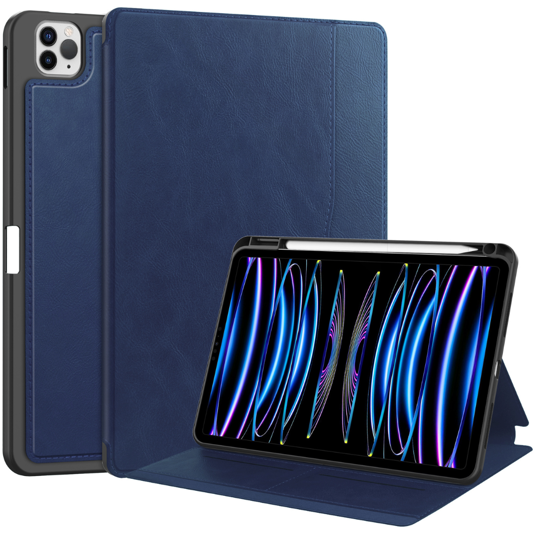 Case2go - Tablet hoes geschikt voor Apple iPad Pro 11 (2018/2022) /Air 4/5 (2020/2022) - Business Wallet Book Case met Pencilhouder - Auto Wake/Sleep functie - Donker Blauw afbeelding