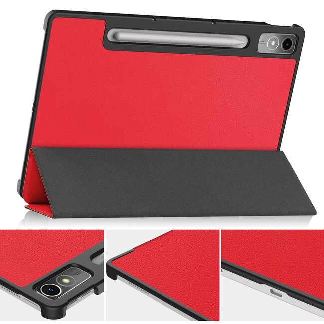 Tablethoes en Screenprotector geschikt voor Lenovo Tab P12 - Tri-fold hoes met Auto/Wake functie - Rood