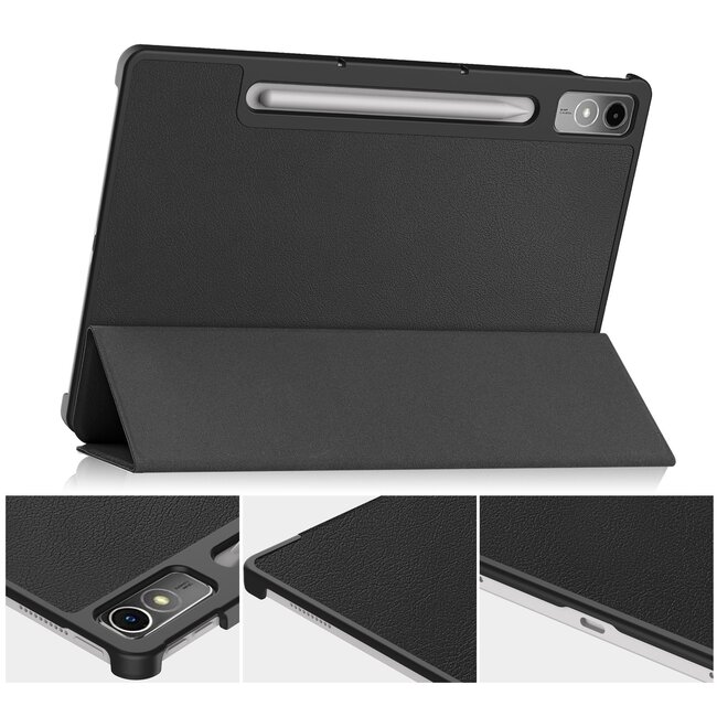 Tablethoes en Screenprotector geschikt voor Lenovo Tab P12 - Tri-fold hoes met Auto/Wake functie - Zwart