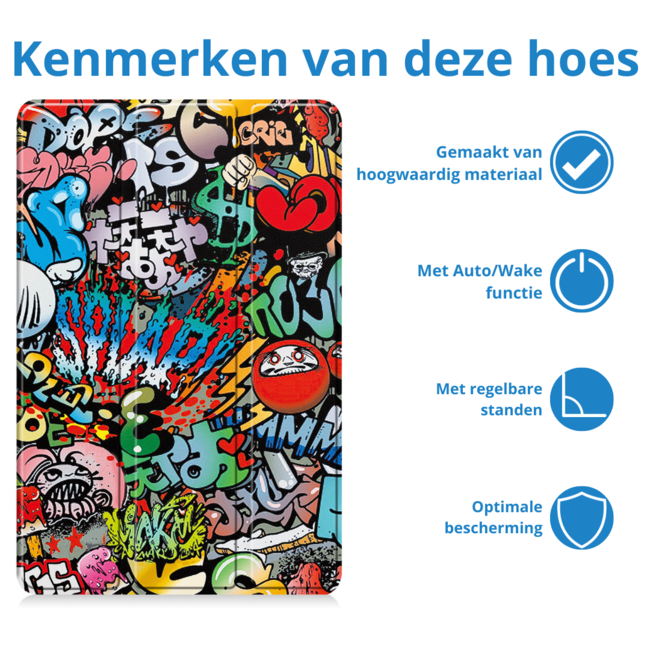 Case2go - Tablet hoes geschikt voor Lenovo Tab M11 - Tri-Fold Book Case - Auto/Wake functie - Graffiti