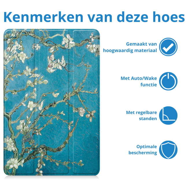Case2go - Tablet hoes geschikt voor Lenovo Tab M11 - Tri-Fold Book Case - Auto/Wake functie - Witte Bloesem