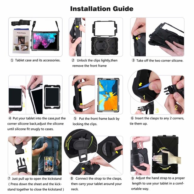 Tablet Hoes geschikt voor Microsoft Surface Pro 3/4/5/6/7- Hand Strap Armor Case Met Surface Pen Houder - Zwart