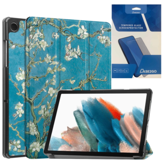Case2go Tablethoes en Screenprotector geschikt voor Samsung Galaxy Tab A9 (2023) - Tri-fold hoes met Auto/Wake functie - Witte Bloesem