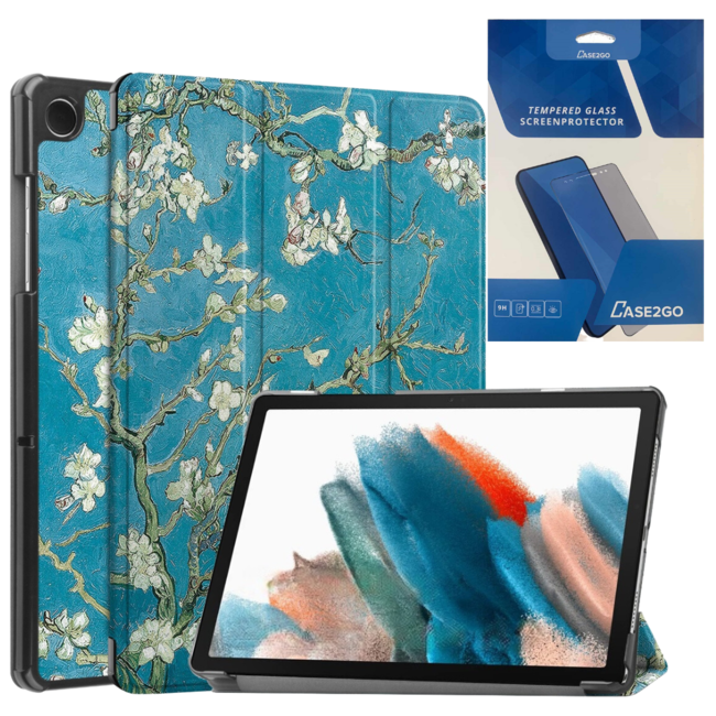 Tablethoes en Screenprotector geschikt voor Samsung Galaxy Tab A9 Plus (2023) - Tri-fold hoes met Auto/Wake functie - Witte Bloesem