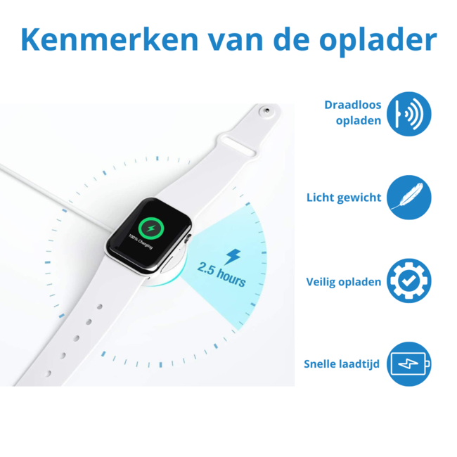 Case2go - Oplaadkabel geschikt voor Apple Watch Series 1 / 2 / 3 / 4 / 5 / 6 / 7 / 8 / 9 / 10 / 11 /  SE / Ultra / Ultra 2 / Ultra 3 -  40mm / 42mm / 44mm / 46mm / 49mm - USB-kabel - 1.00 meter - Wit