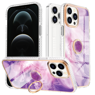 Hoozey Hoozey - Hoesje geschikt voor Apple iPhone 15 - Marble Ring Case - Hoes met magnetische ringhouder - Paars