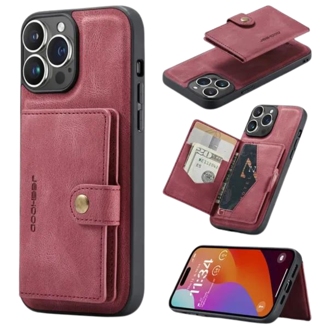 CaseMe - Telefoonhoesje geschikt voor Apple iPhone 15 - Back Cover - Met Magnetische Pasjeshouder - Rood afbeelding