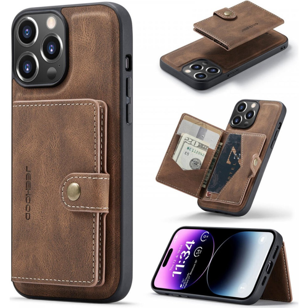 CaseMe - Telefoonhoesje geschikt voor Apple iPhone 15 Pro Max - Back Cover - Met Magnetische Pasjeshouder - Donker Bruin afbeelding