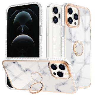 Hoozey Hoozey - Hoesje geschikt voor Apple iPhone 15 Pro - Marble Ring Case - Hoes met magnetische ringhouder - Wit