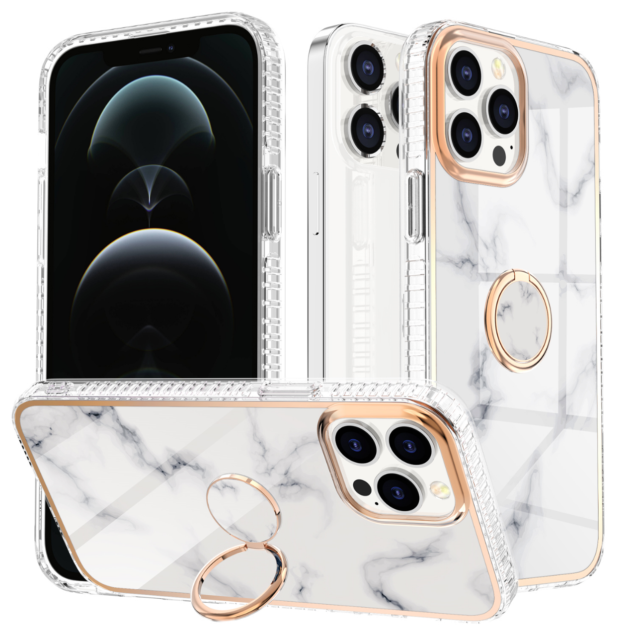 Hoozey - Hoesje geschikt voor Apple iPhone 15 Pro - Marble Ring Case - Hoes met magnetische ringhouder - Wit afbeelding