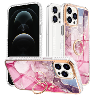 Hoozey Hoozey - Hoesje geschikt voor Apple iPhone 15 Pro - Marble Ring Case - Hoes met magnetische ringhouder - Roze