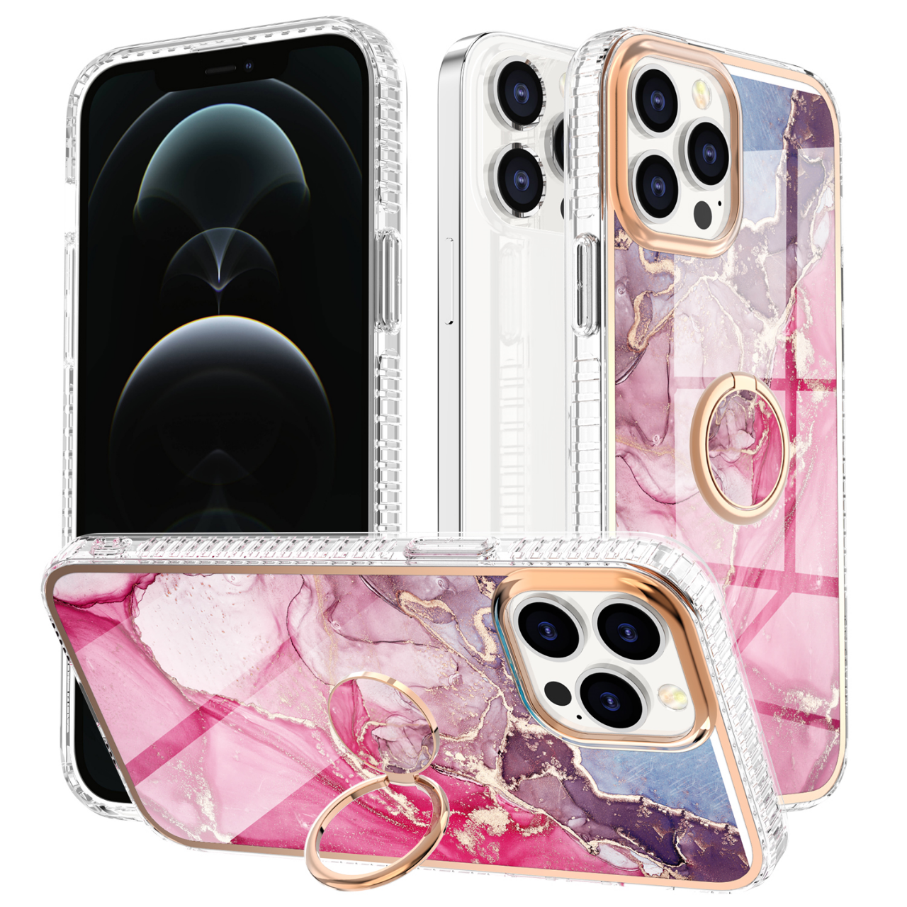 Hoozey - Hoesje geschikt voor Apple iPhone 15 Pro - Marble Ring Case - Hoes met magnetische ringhouder - Roze afbeelding