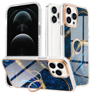 Hoozey Hoozey - Hoesje geschikt voor Apple iPhone 15 Pro - Marble Ring Case - Hoes met magnetische ringhouder - Donker Blauw / Goud