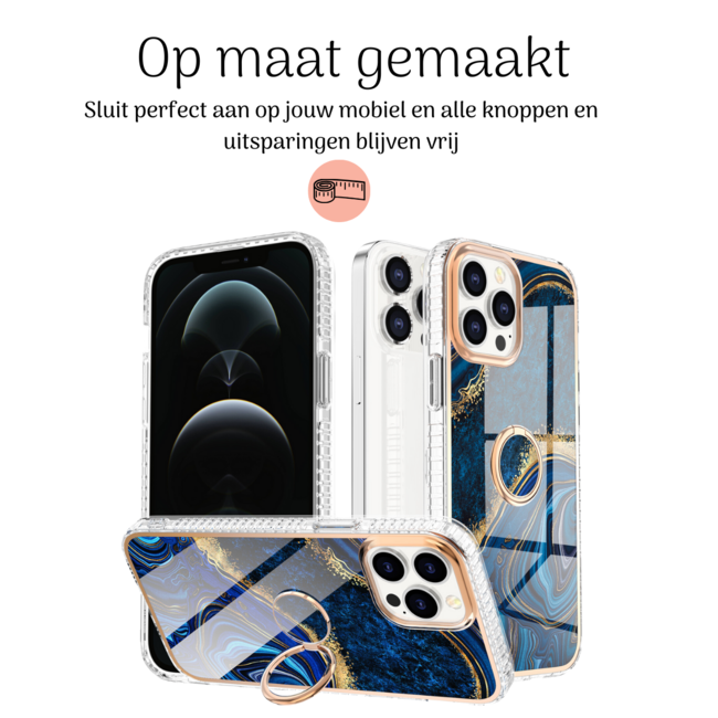 Hoozey - Hoesje geschikt voor Apple iPhone 15 Pro - Marble Ring Case - Hoes met magnetische ringhouder - Donker Blauw / Goud