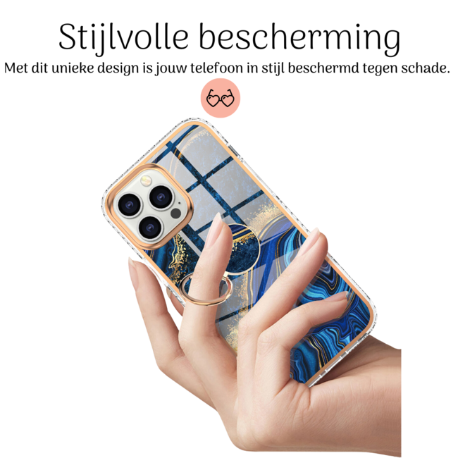 Hoozey - Hoesje geschikt voor Apple iPhone 15 Pro - Marble Ring Case - Hoes met magnetische ringhouder - Donker Blauw / Goud