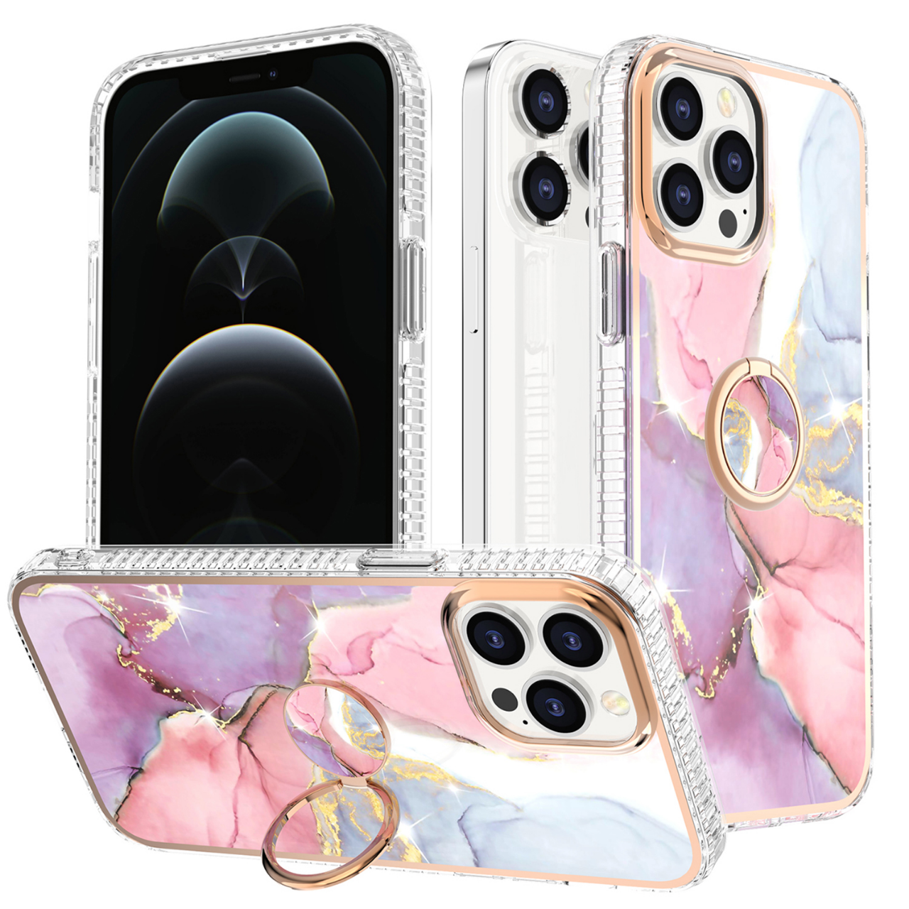 Hoozey - Hoesje geschikt voor Apple iPhone 15 Pro - Marble Ring Case - Hoes met magnetische ringhouder - Roze / Paars afbeelding