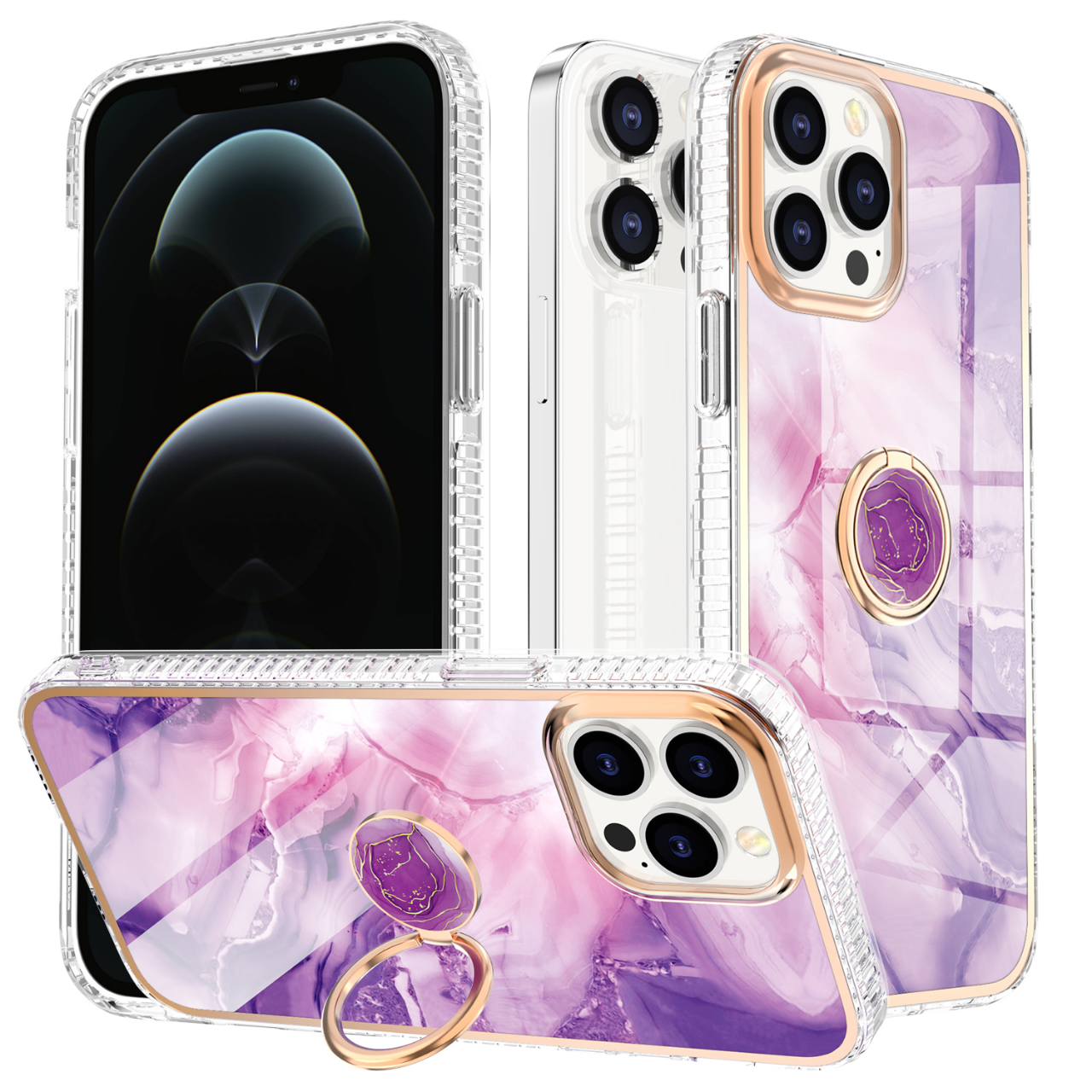 Hoozey - Hoesje geschikt voor Apple iPhone 15 Pro Max - Marble Ring Case - Hoes met magnetische ringhouder - Paars afbeelding