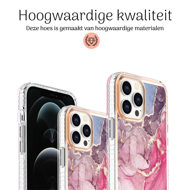 Hoozey - Hoesje geschikt voor Apple iPhone 15 Pro Max - Marble Ring Case - Hoes met magnetische ringhouder - Roze