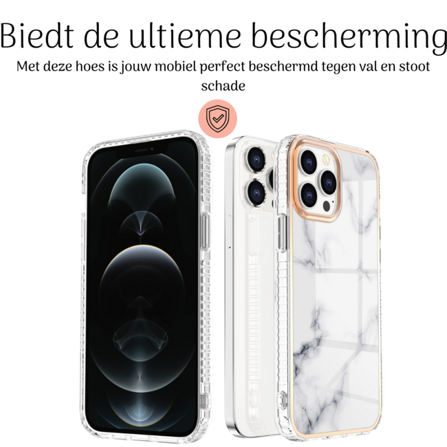 Hoozey - Hoesje geschikt voor Apple iPhone 15 Pro Max - Marble Ring Case - Hoes met magnetische ringhouder - Wit