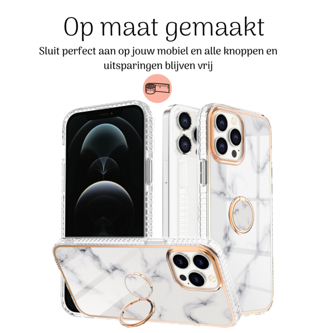 Hoozey - Hoesje geschikt voor Apple iPhone 15 Pro Max - Marble Ring Case - Hoes met magnetische ringhouder - Wit