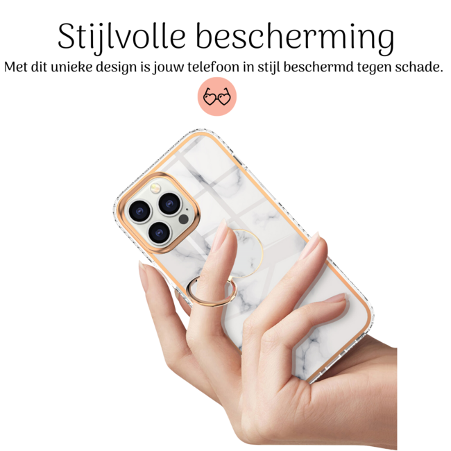 Hoozey - Hoesje geschikt voor Apple iPhone 15 Pro Max - Marble Ring Case - Hoes met magnetische ringhouder - Wit