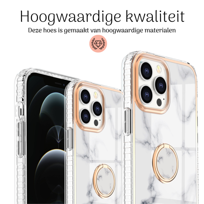 Hoozey - Hoesje geschikt voor Apple iPhone 15 Pro Max - Marble Ring Case - Hoes met magnetische ringhouder - Wit