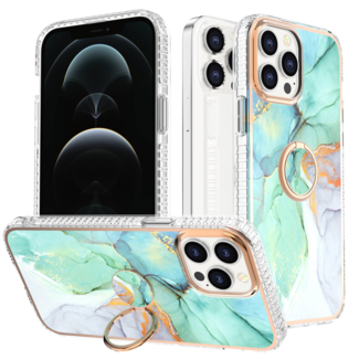 Hoozey Hoozey - Hoesje geschikt voor Apple iPhone 15 Pro Max - Marble Ring Case - Hoes met magnetische ringhouder - Turquoise