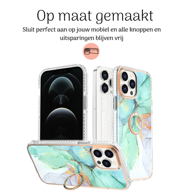 Hoozey - Hoesje geschikt voor Apple iPhone 15 Pro Max - Marble Ring Case - Hoes met magnetische ringhouder - Turquoise