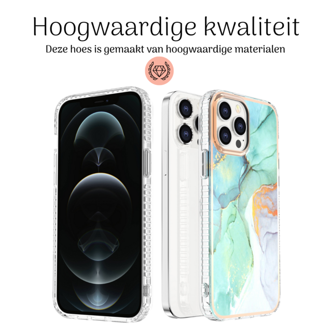 Hoozey - Hoesje geschikt voor Apple iPhone 15 Pro Max - Marble Ring Case - Hoes met magnetische ringhouder - Turquoise