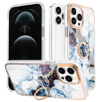 Hoozey Hoozey - Hoesje geschikt voor Apple iPhone 15 Plus - Marble Ring Case - Hoes met magnetische ringhouder - Licht Blauw