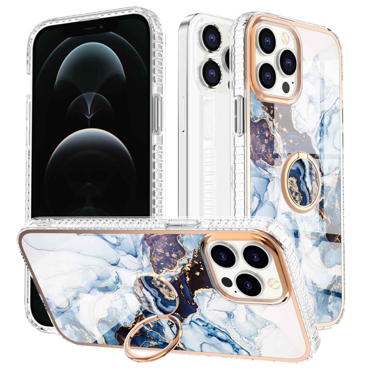 Hoozey - Hoesje geschikt voor Apple iPhone 15 Plus - Marble Ring Case - Hoes met magnetische ringhouder - Licht Blauw afbeelding
