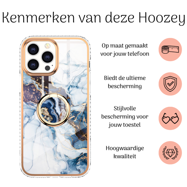 Hoozey - Hoesje geschikt voor Apple iPhone 15 Plus - Marble Ring Case - Hoes met magnetische ringhouder - Licht Blauw