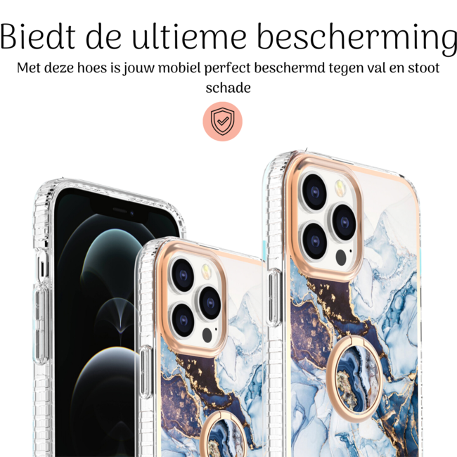 Hoozey - Hoesje geschikt voor Apple iPhone 15 Plus - Marble Ring Case - Hoes met magnetische ringhouder - Licht Blauw