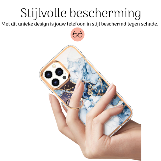 Hoozey - Hoesje geschikt voor Apple iPhone 15 Plus - Marble Ring Case - Hoes met magnetische ringhouder - Licht Blauw