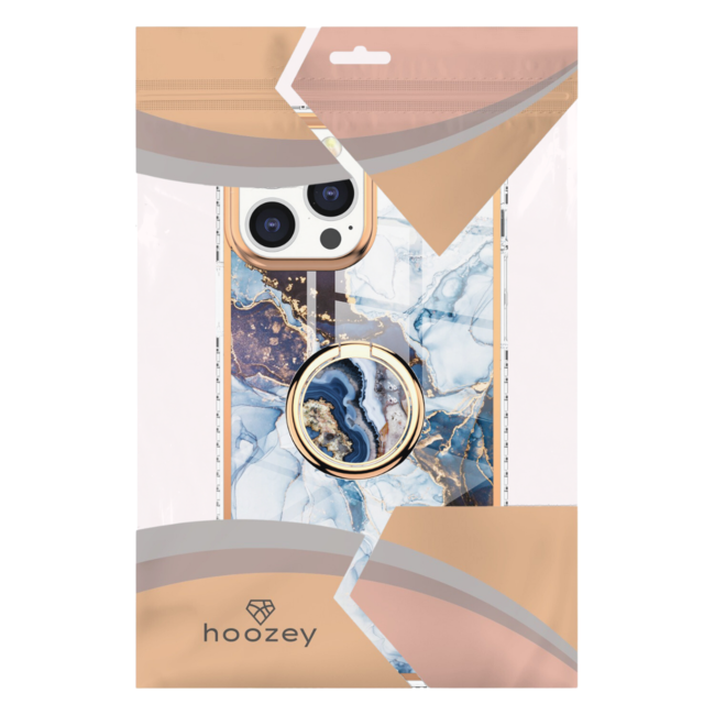 Hoozey - Hoesje geschikt voor Apple iPhone 15 Plus - Marble Ring Case - Hoes met magnetische ringhouder - Licht Blauw