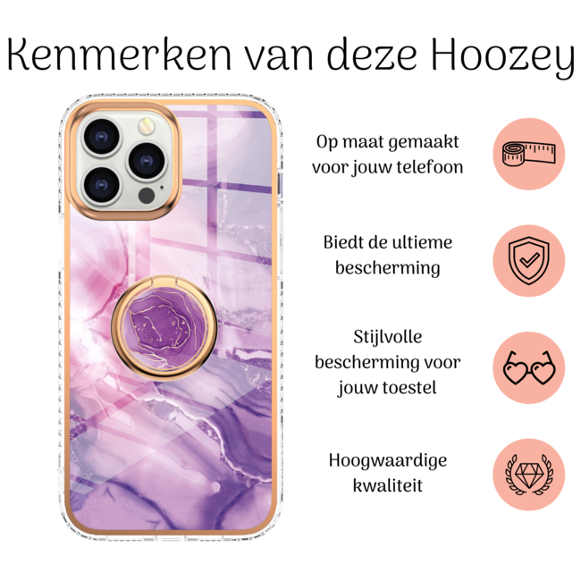 Hoozey - Hoesje geschikt voor Apple iPhone 15 Plus - Marble Ring Case - Hoes met magnetische ringhouder - Paars