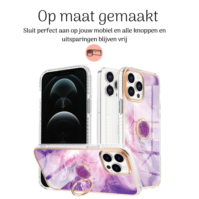 Hoozey - Hoesje geschikt voor Apple iPhone 15 Plus - Marble Ring Case - Hoes met magnetische ringhouder - Paars