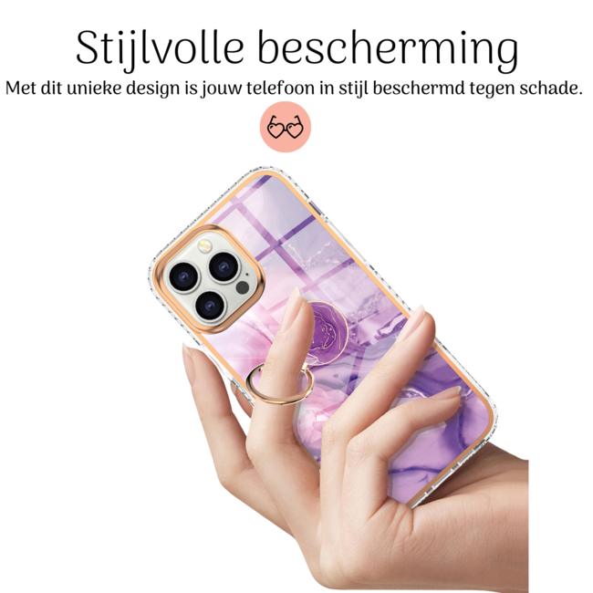 Hoozey - Hoesje geschikt voor Apple iPhone 15 Plus - Marble Ring Case - Hoes met magnetische ringhouder - Paars