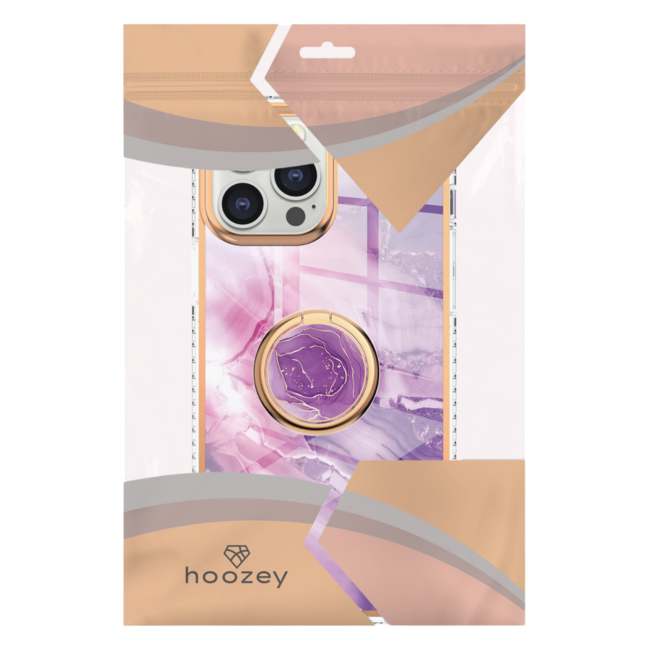 Hoozey - Hoesje geschikt voor Apple iPhone 15 Plus - Marble Ring Case - Hoes met magnetische ringhouder - Paars