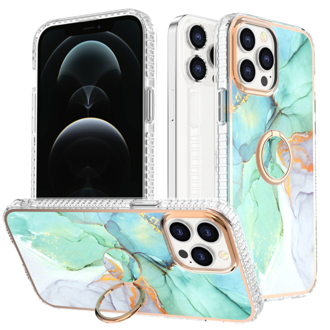Hoozey - Hoesje geschikt voor Apple iPhone 15 Plus - Marble Ring Case - Hoes met magnetische ringhouder - Turquoise