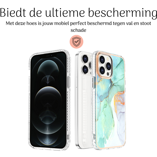 Hoozey - Hoesje geschikt voor Apple iPhone 15 Plus - Marble Ring Case - Hoes met magnetische ringhouder - Turquoise