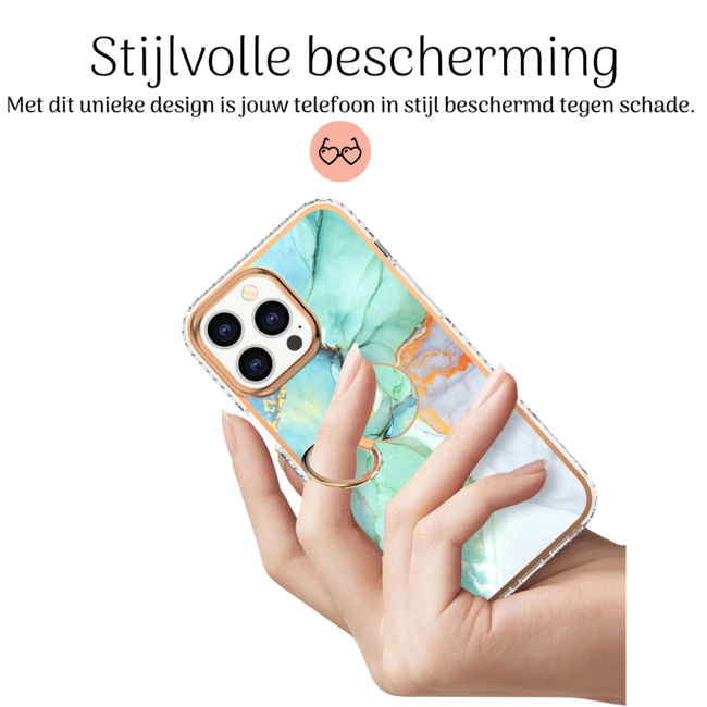 Hoozey - Hoesje geschikt voor Apple iPhone 15 Plus - Marble Ring Case - Hoes met magnetische ringhouder - Turquoise
