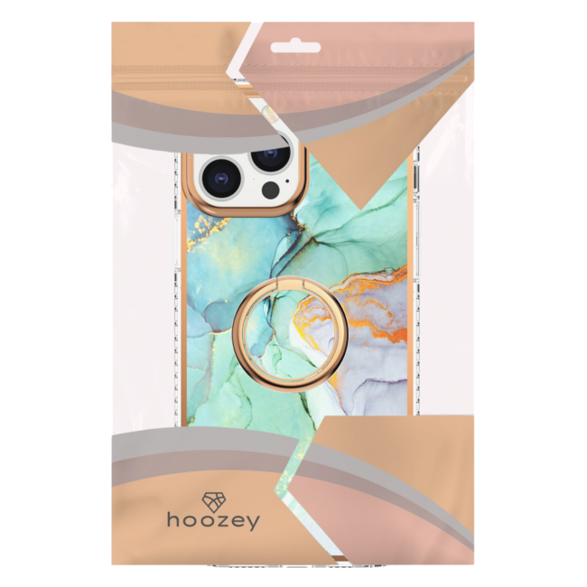 Hoozey - Hoesje geschikt voor Apple iPhone 15 Plus - Marble Ring Case - Hoes met magnetische ringhouder - Turquoise