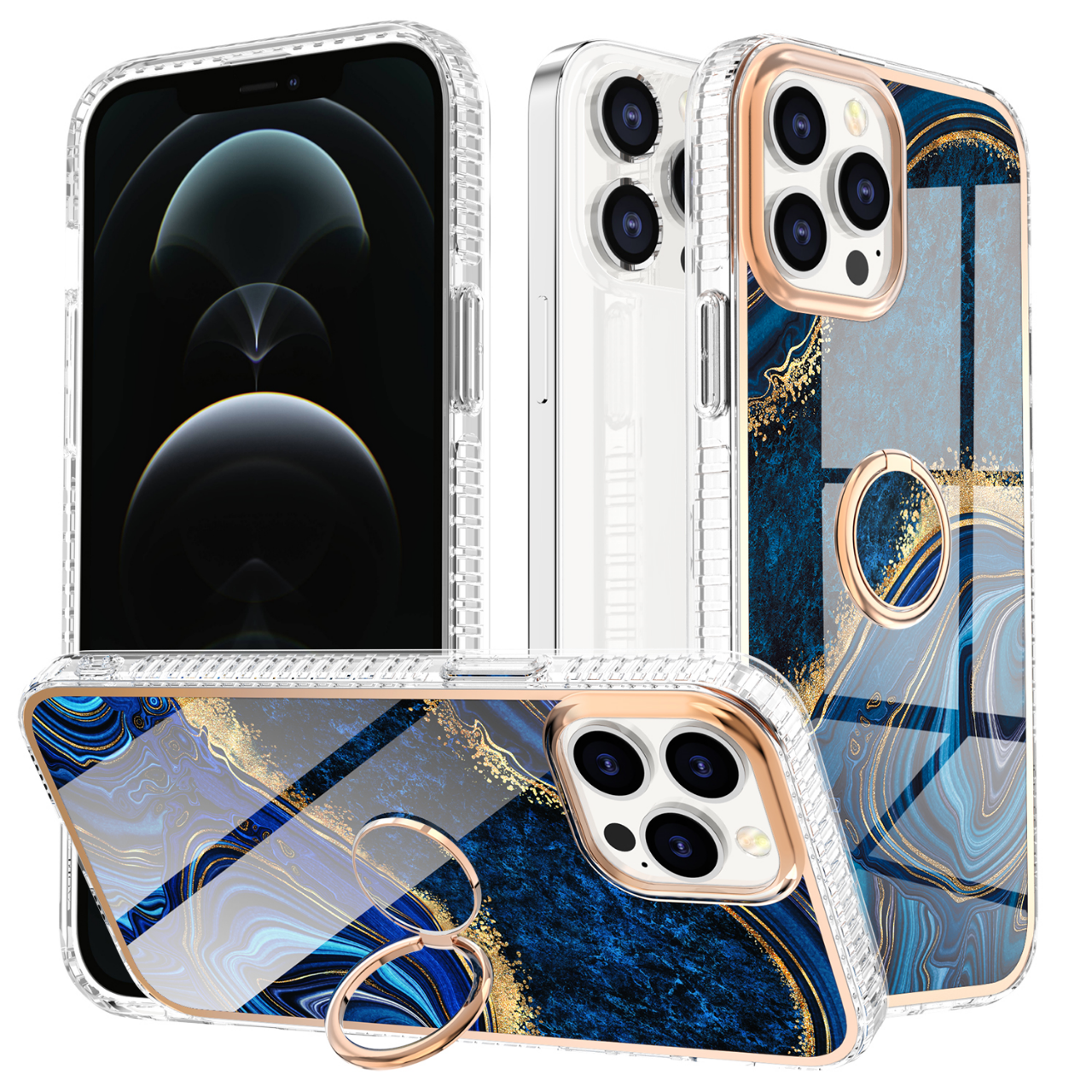 Hoozey - Hoesje geschikt voor Apple iPhone 15 Plus - Marble Ring Case - Hoes met magnetische ringhouder - Donker Blauw / Goud afbeelding
