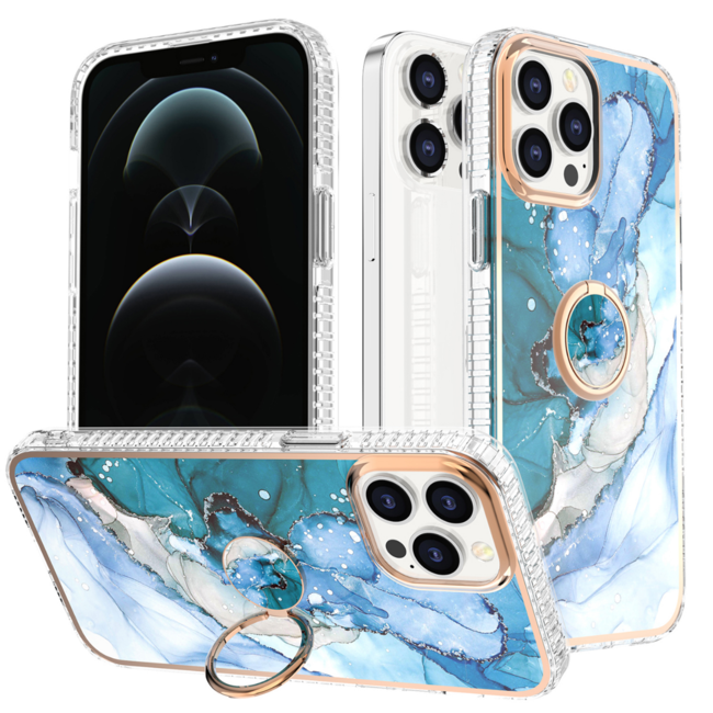 Hoozey - Hoesje geschikt voor Apple iPhone 15 Plus - Marble Ring Case - Hoes met magnetische ringhouder - Blauw / Groen