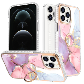 Hoozey Hoozey - Hoesje geschikt voor Apple iPhone 15 Plus - Marble Ring Case - Hoes met magnetische ringhouder - Roze / Paars