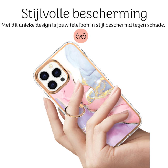 Hoozey - Hoesje geschikt voor Apple iPhone 15 Plus - Marble Ring Case - Hoes met magnetische ringhouder - Roze / Paars