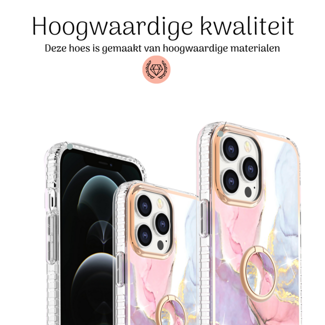 Hoozey - Hoesje geschikt voor Apple iPhone 15 Plus - Marble Ring Case - Hoes met magnetische ringhouder - Roze / Paars