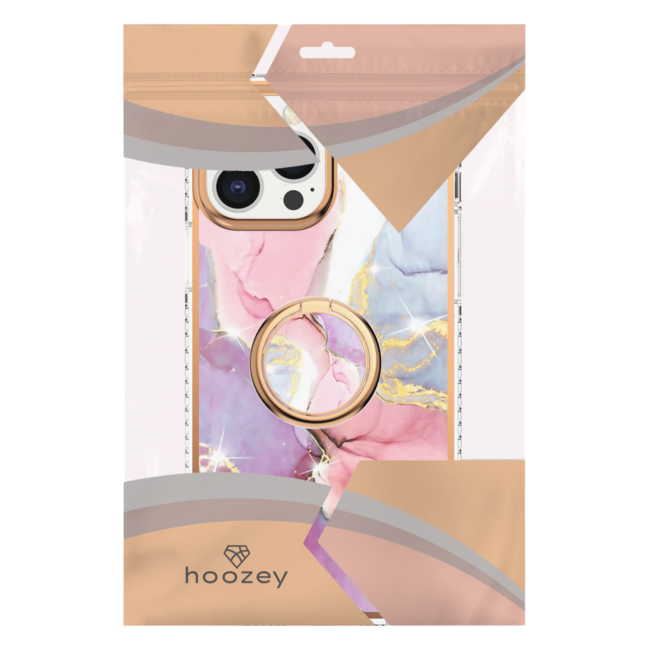Hoozey - Hoesje geschikt voor Apple iPhone 15 Plus - Marble Ring Case - Hoes met magnetische ringhouder - Roze / Paars